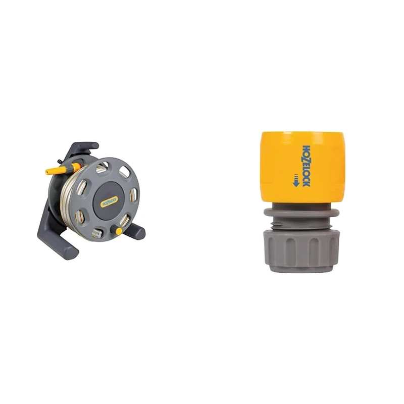 Hozelock Ltd Floor Standing Compact Reel With 20 Metre Hose And Connectors, Yellow and 2166P9000 Hose end connector (12.5mm & 15mm), Grey
