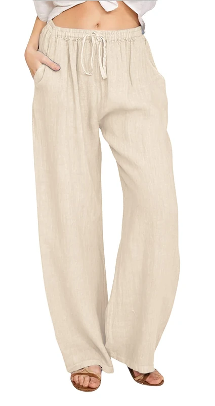 CHARTOU Women's Summer Drawstring Waist Wide Leg Loose Cotton Linen Palazzo Pants, Khaki, S