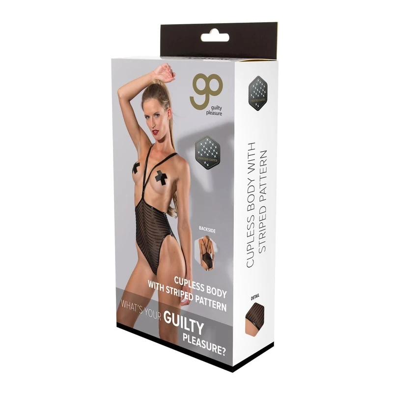 Guilty Pleasure Fetish Wear Printed Datex Cupless Body with Striped Pattern Black XL
