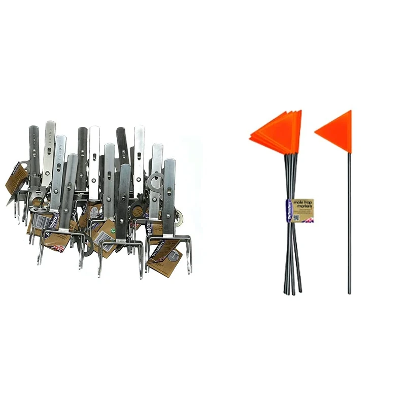 Defenders Mole Claw Trap, Catch and Kill Trap to Control Moles, Protects Lawns and Gardens, Durable, Rust-Free, Value Pack of 12 & Defenders STV317 Hi-Vis Mole Trap Markers - Pack of 5, Silver/Orange