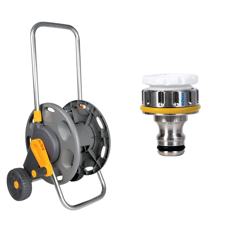 Hozelock 2398P0000 60m Hose Cart without hose & Hozelock Metal Threaded Connector Pro 3/4 inch for Taps