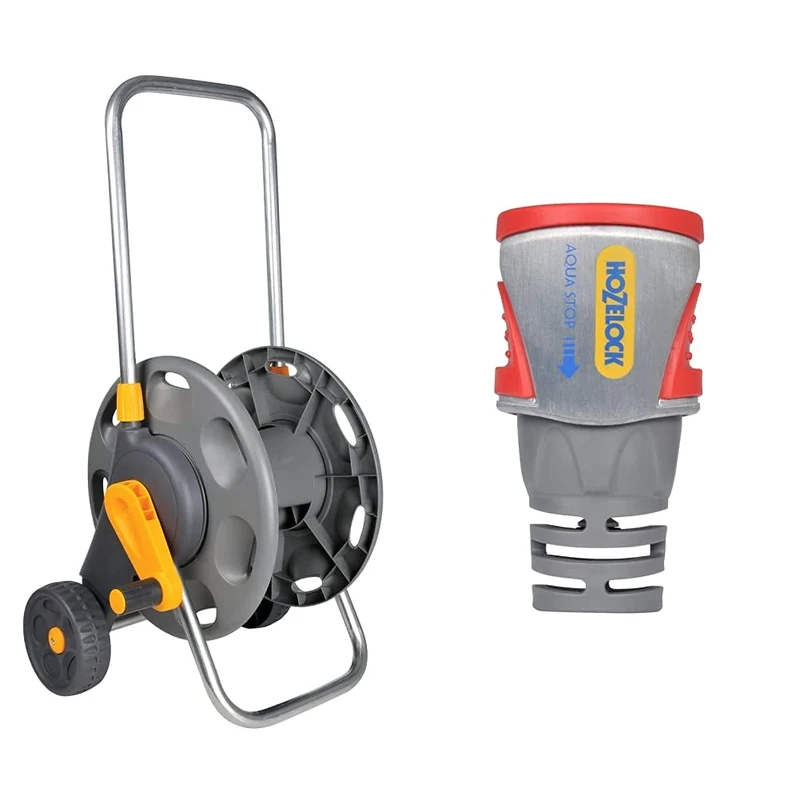 Hozelock 2398P0000 60m Hose Cart without hose & 2035P0000 Pro Metal AquaStop Connector (12.5mm & 15mm), Silver