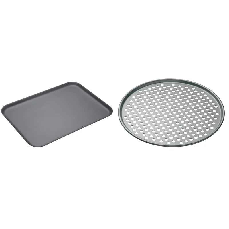 MasterClass Hard Anodised Aluminium Baking Tray, Oven Tin with Teflon, Non Stick Coating, 42 x 31 cm, Black & 32 cm Perforated Pizza Tray with PFOA Non Stick, Robust 1 mm Thick Carbon Steel