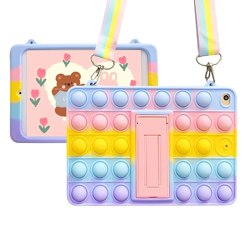 XZC Push Pop Fidget Toys Case for iPad Mini 1234/ipad 9.7inch/ipad 10.2 inch Silicone Shockproof Full Body Protection Tablet Cover with Fold Kickstand and Lanyard (iPad air 3 10.5inch)