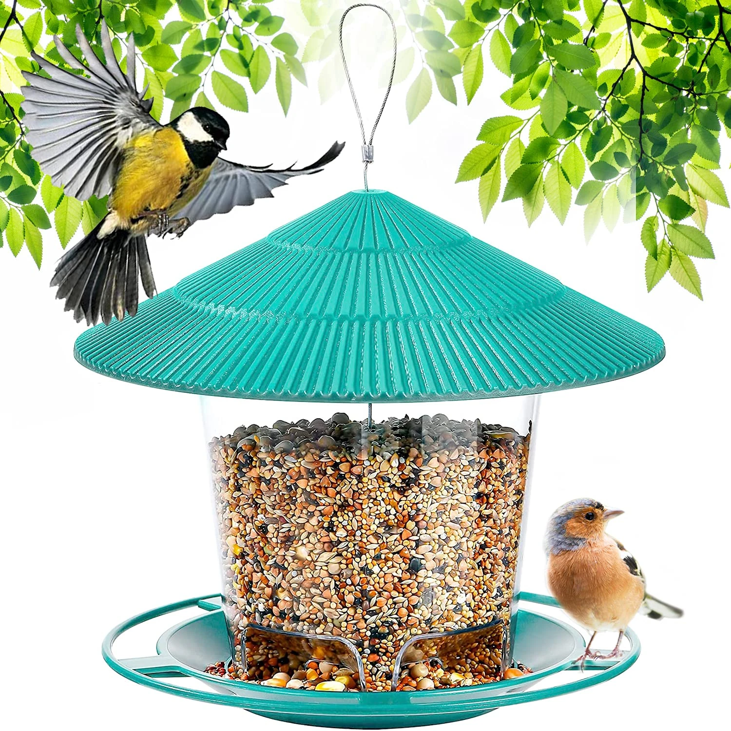 Zeqeey Bird Seed Feeder Hanging Wildlife Birds Feeder for Feeding Outdoor Garden Mix Seed Blends Sunflower Heart Peanuts Nut Attracting Dunnocks Blue Tits Robins, Blue