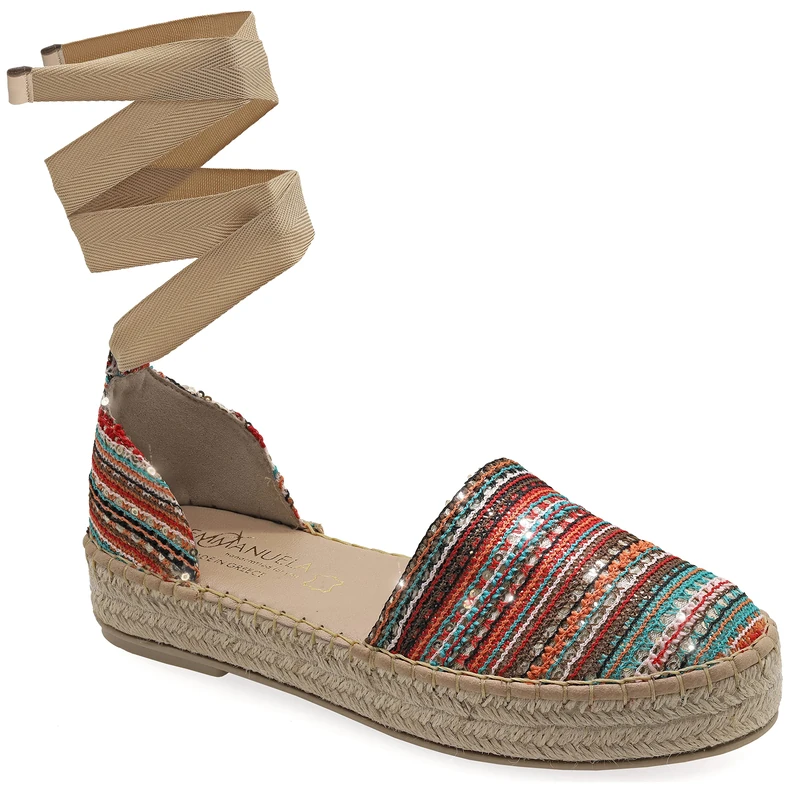 Size 8 Multicolor 3 Emmanuela Colourful Knitted Fabric Espadrilles, Medium Wedge Boho Chic Summer Shoes, Lace Up Espadrilles Totally Handmade and Hand Stiched in Greece