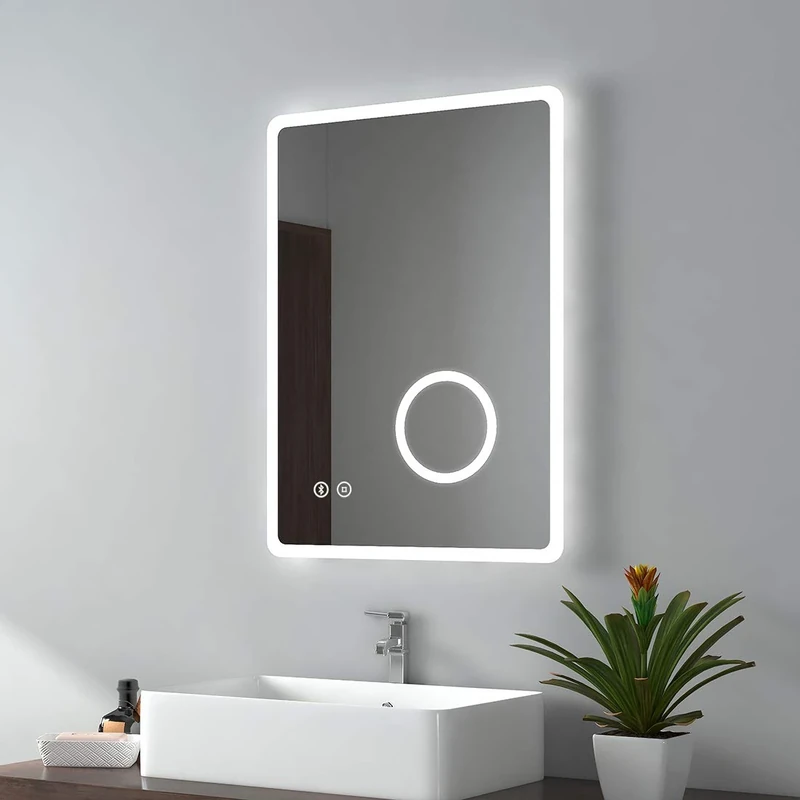 EMKE Backlit Illuminated Bluetooth Bathroom Mirror with Shaver Socket 500x700mm, Wall Mounted Multifunction LED Bathroom Vanity Mirror with Lights + Demister + 3-Fold Magnification