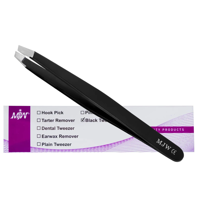 MJW Professional Tweezers Slant Eyebrow Plucking Tweezer - Great Precision for Facial Hair, Ingrown Hair, Splinter, Blackhead and Tick Remover Women and Men Slanted tweezer(Black)