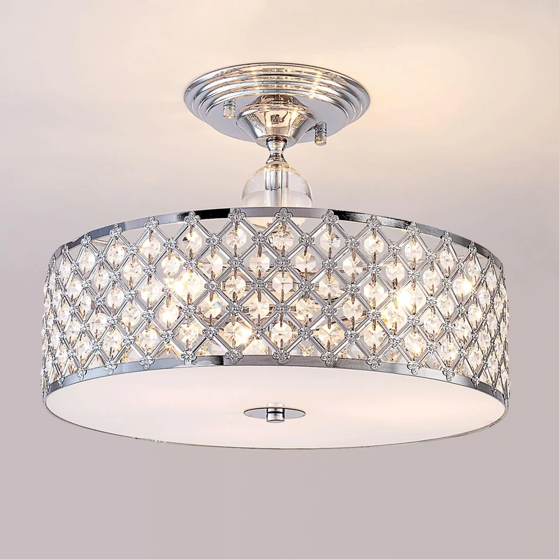 HARPER LIVING Modern Semi Flush Mount Ceiling Light, 3 Lights Crystal Drum Chandeliers, Polished Chrome Ceiling Light for Dining Room Bedrooms Living Room Kitchen Hallway, E27 Bulb Caps