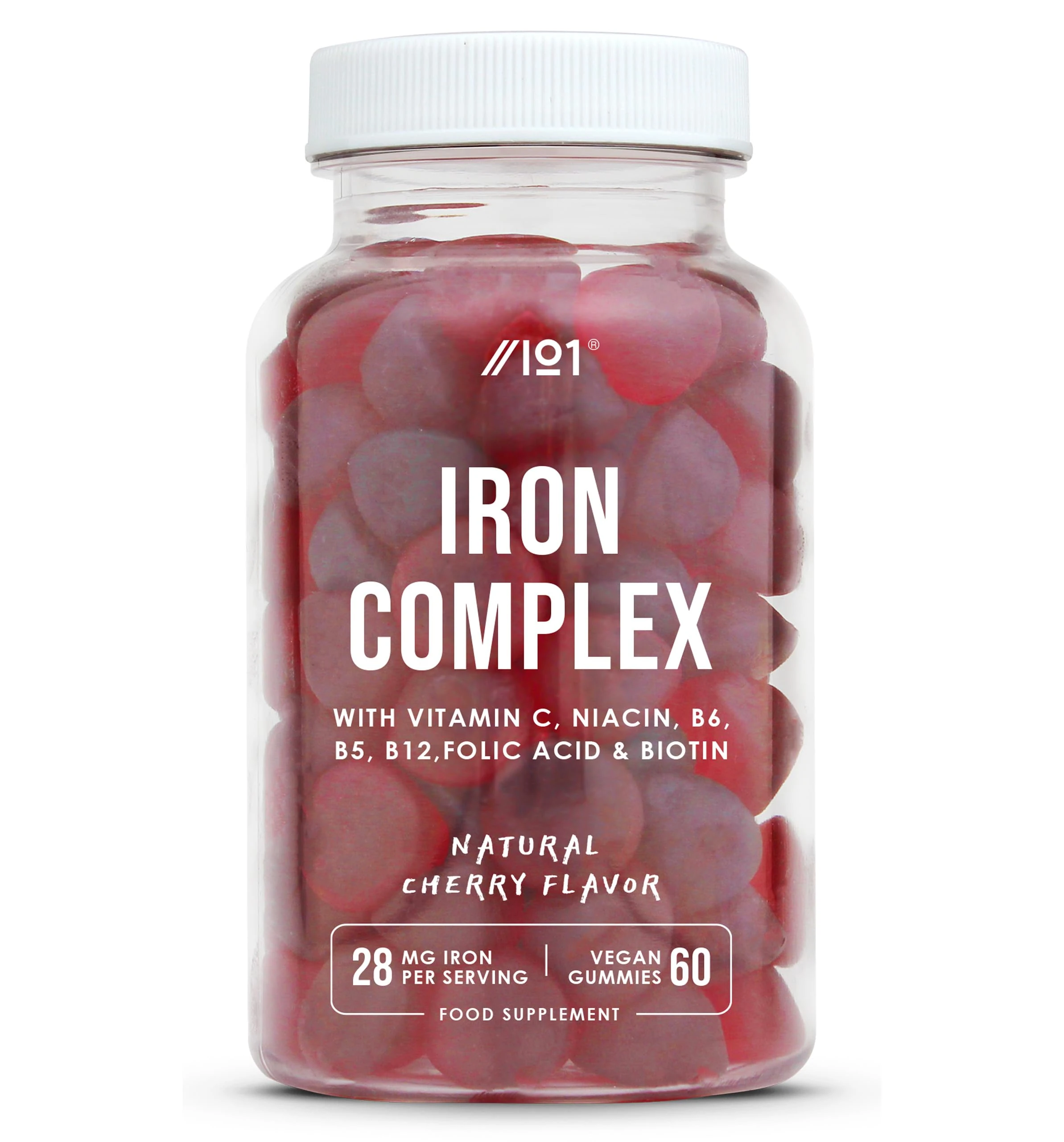 Iron 28mg Gummies with Vitamin C, Niacin, Vitamin B6, B5, B12, Folic Acid & Biotin – 60 Vegan Gummies – Tapioca Base – Cherry Flavour – by Alpha01