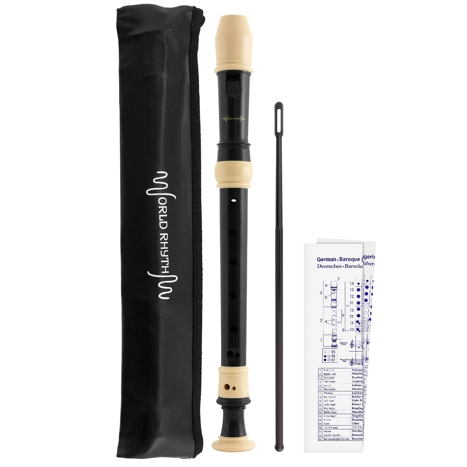 World Rhythm WR-805 Descant School Recorder with Bag, Cleaning Rod and Fingering Chart - Soprano - English/Baroque Fingering - Black & Ivory