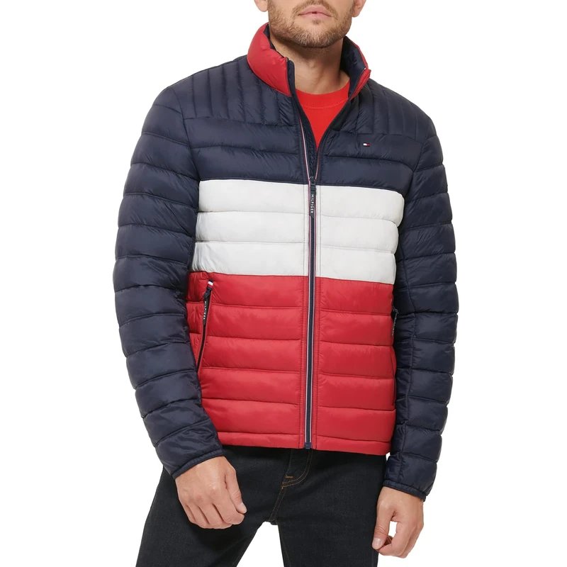 Tommy Hilfiger Men's Ultra Loft Packable Puffer Jacket Down Alternative Coat, Midnight/White/Red W/Patch, XL Tall