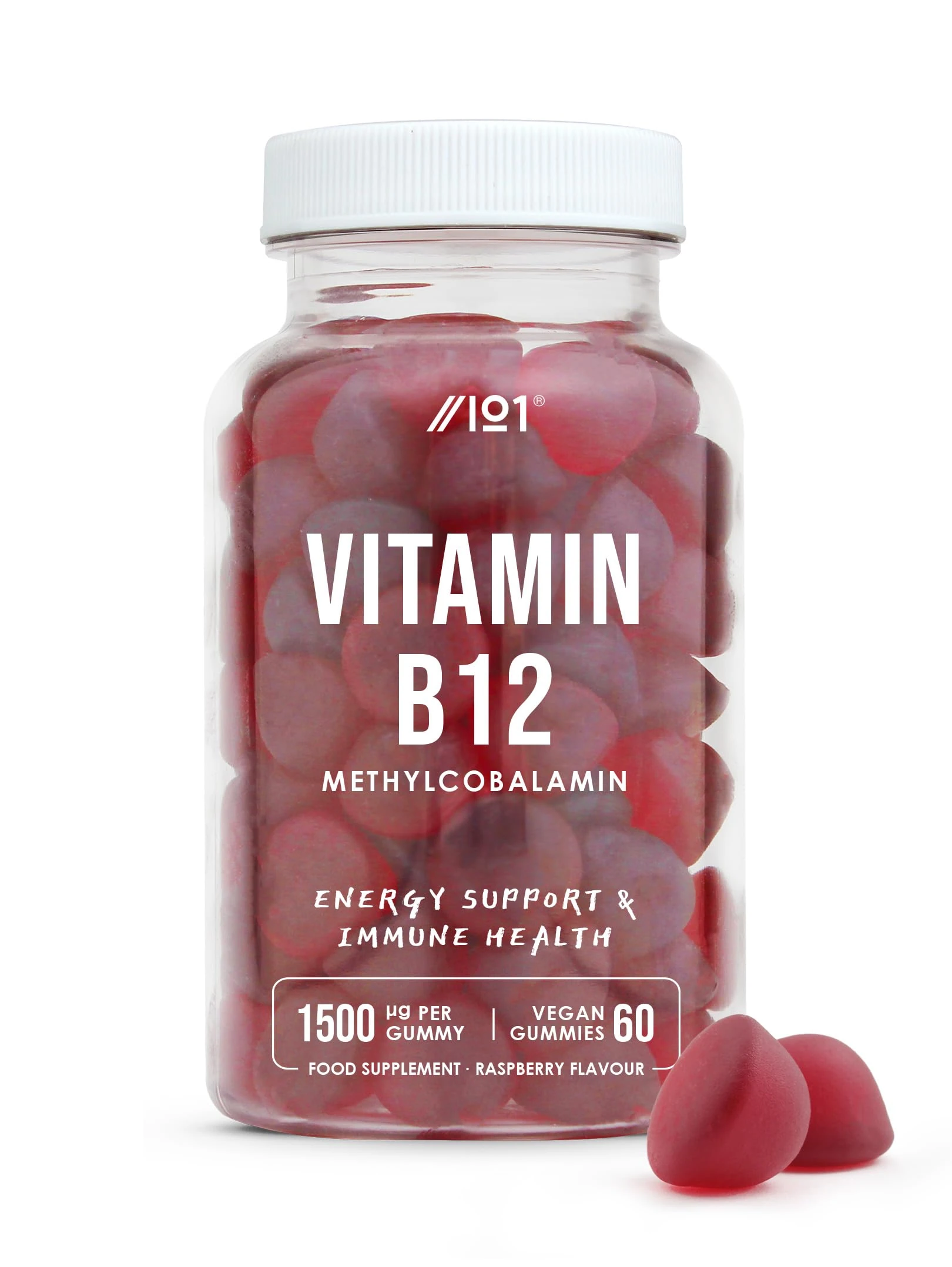 Vitamin B12 Gummies 1,500mcg (per Gummy) - High Strength Methylcobalamin Supplement - Non-GMO, Gluten Free, Raspberry Flavour - 60 Vegan Gummies.
