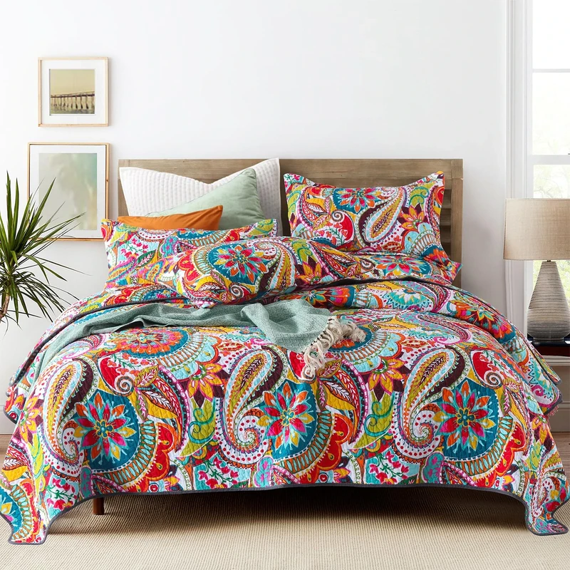 Qucover King Size Quilts, Multicolor Paisley King Bedspreads, 3 Pieces Cotton Summer Quilt Sets, Gorgeous Quilt Comforter with 2 Pillowcases for All Seasons, 98x106 Inches