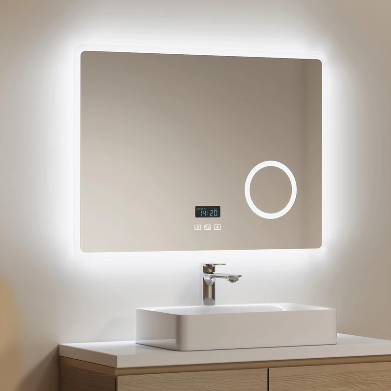 EMKE Bluetooth Bathroom Mirror with LED Lights 800 x 600mm, LED Bathroom Mirror with Bluetooth Speaker | Heated Demister Pad | Dimming Function | 3x Magnifier Illuminated Makeup Mirror