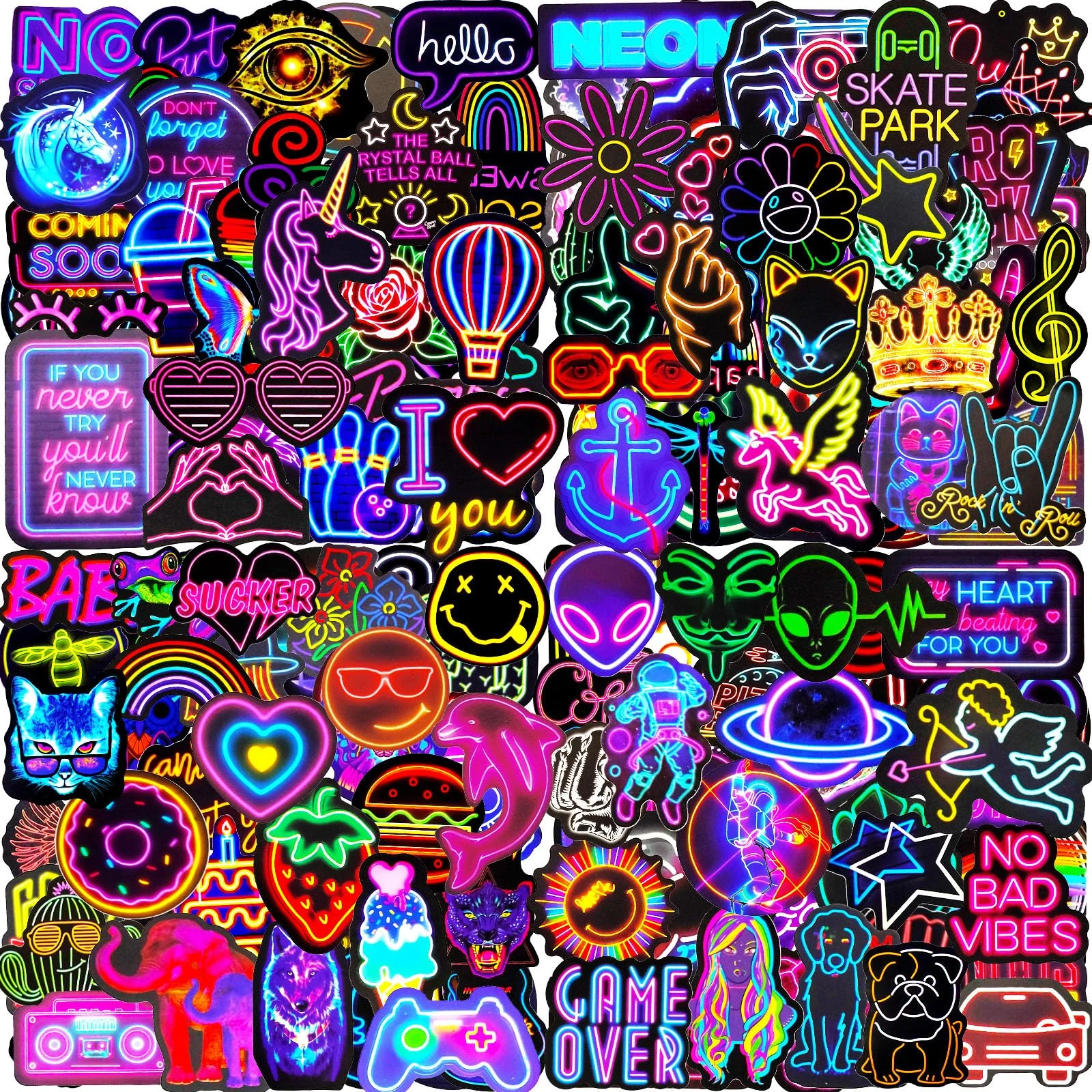 200 Pcs Cool Neon Stickers for Children Adults Teens, Teacher Reward Prizes for Kids, Waterproof Vinyl Stickers for Laptop Scrapbook Journal Skateboard Phone Guitar Suitcases Scooter Water Bottle etc