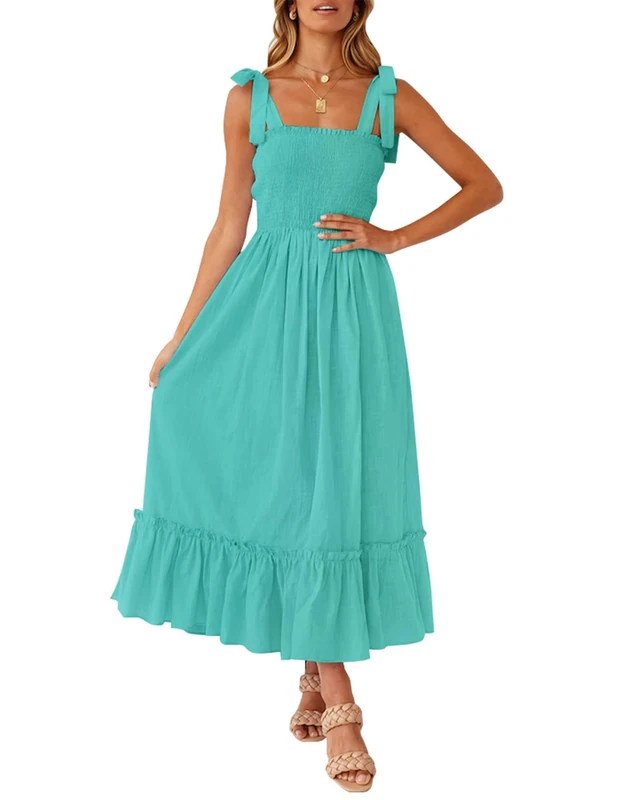 ZESICA Women's 2025 Summer Boho Spaghetti Strap Square Neck Solid Color Ruffle A Line Beach Long Maxi Dress, Aqua, Medium