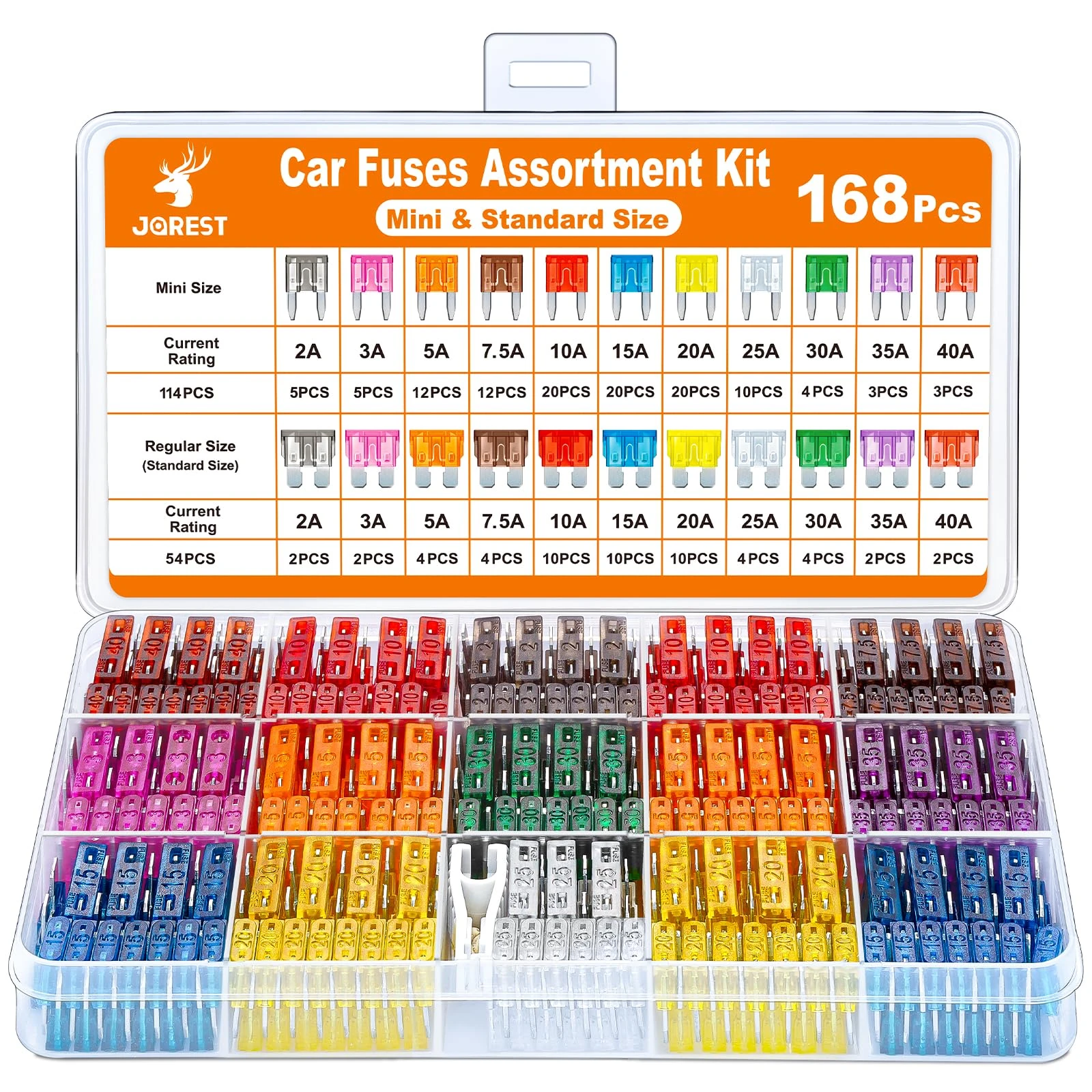 JOREST 168 Pcs Car Fuse Assorted Kit, 114 Mini Blade + 54 Standard+ 1Pullers – 11 Specifications Mixed Auto Fuse: 2Amp 3A 5A 7.5A 10A 15A 20A 25A 30A 35A 40A