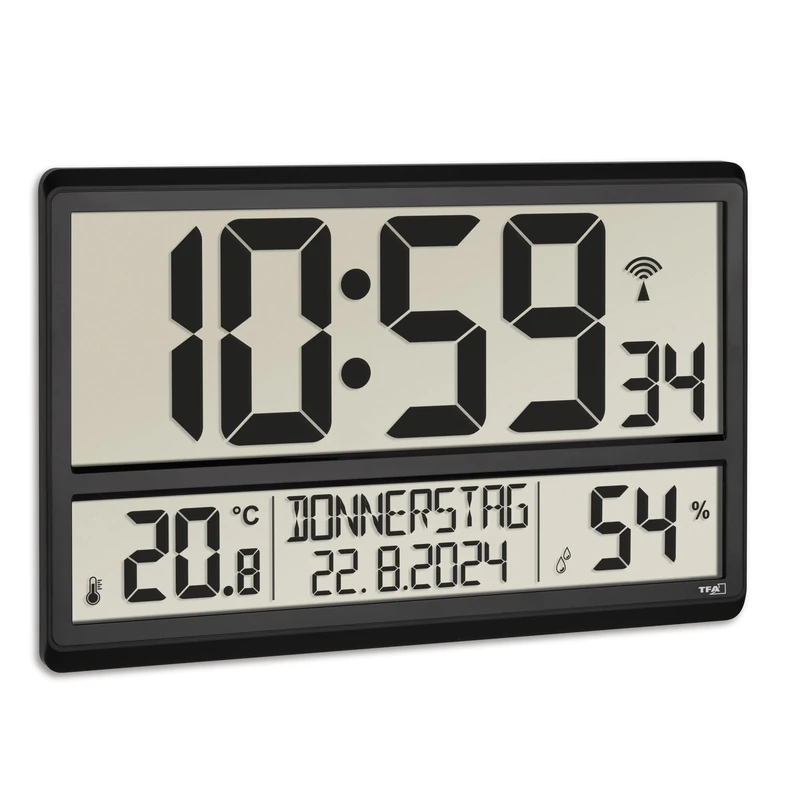 TFA Dostmann XL 60.4520.01 Digital Wall Clock with Temperature and Humidity, Day of the Week (8 Languages), Radio-Controlled Clock, Easy to Read, Large, Black