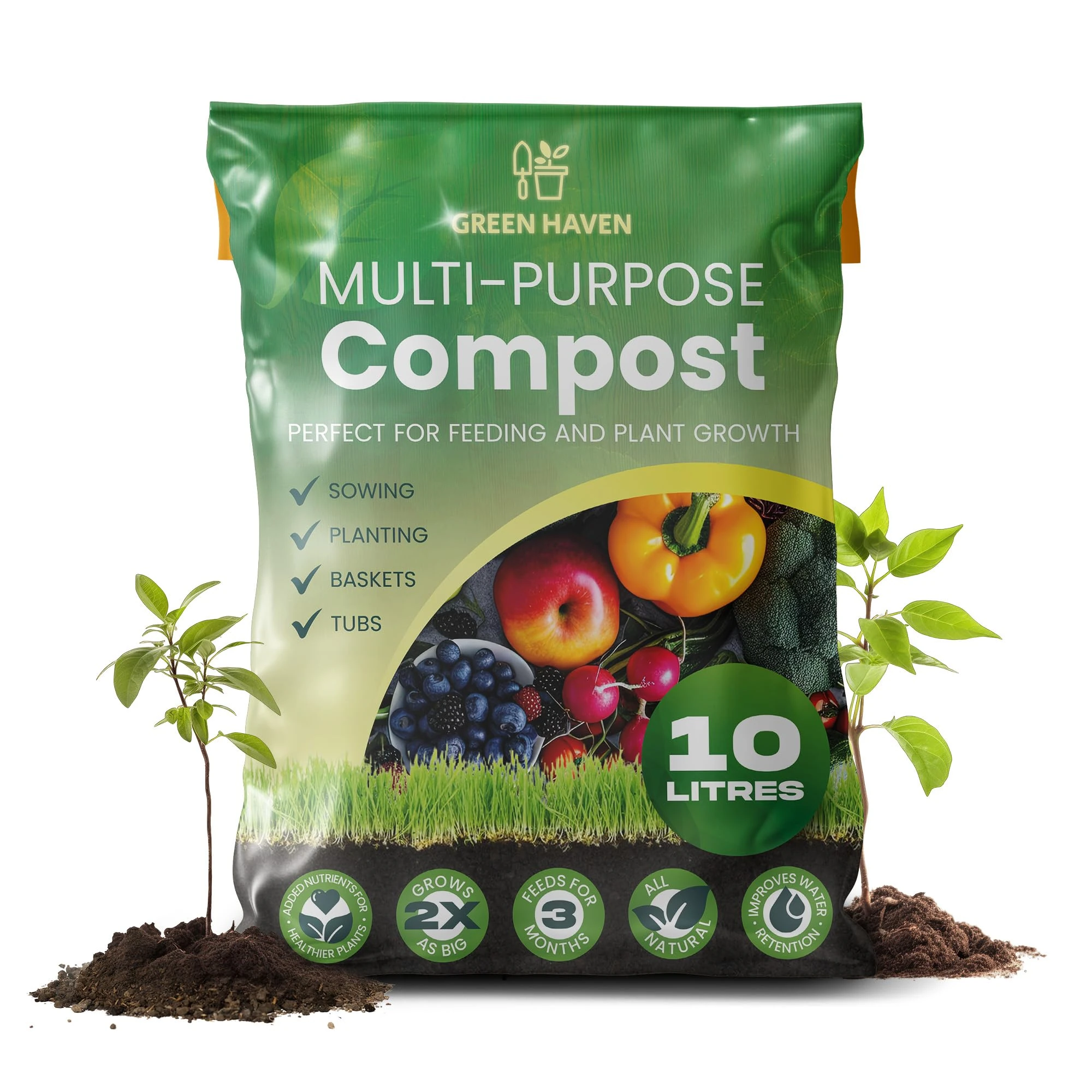 Green Haven 10L Multi Purpose Compost Peat-free - for Outdoor Plants, Vegetables, & Indoor Gardening, Versatile Potting Nutrient-Rich Soil Compost for Garden Beds, Pots, & Planters