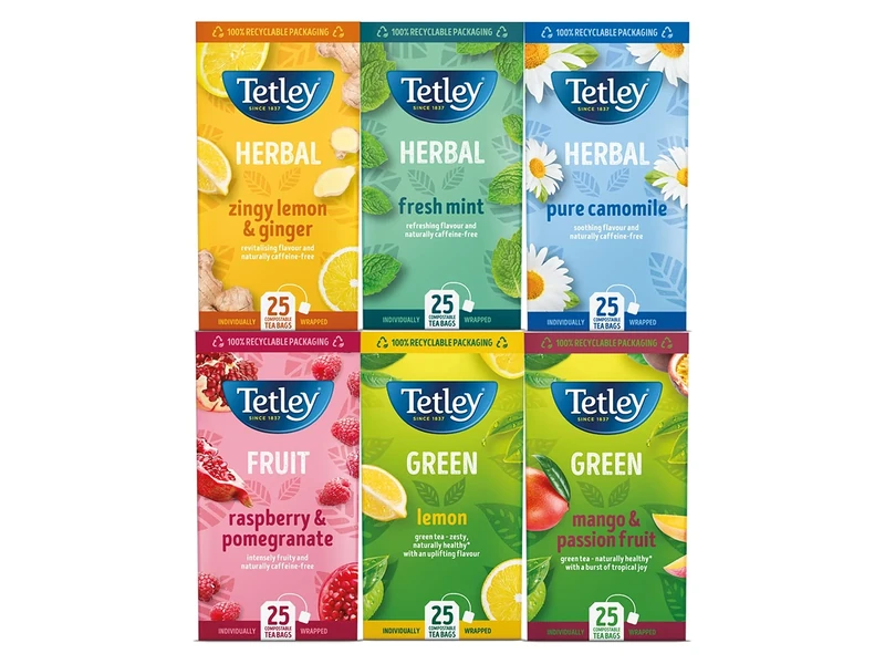 Tetley Mixed Fruit Tea Variety, Unique Fruity Flavours, 150 Individually Wrapped Bags, Herbal and Green Tea Selection