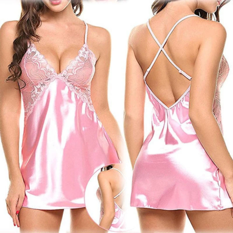 QQQQC Women's Erotic Baby Dolls Women Satin Silk Lace Pajamas Sexy Underwear-Pink_S