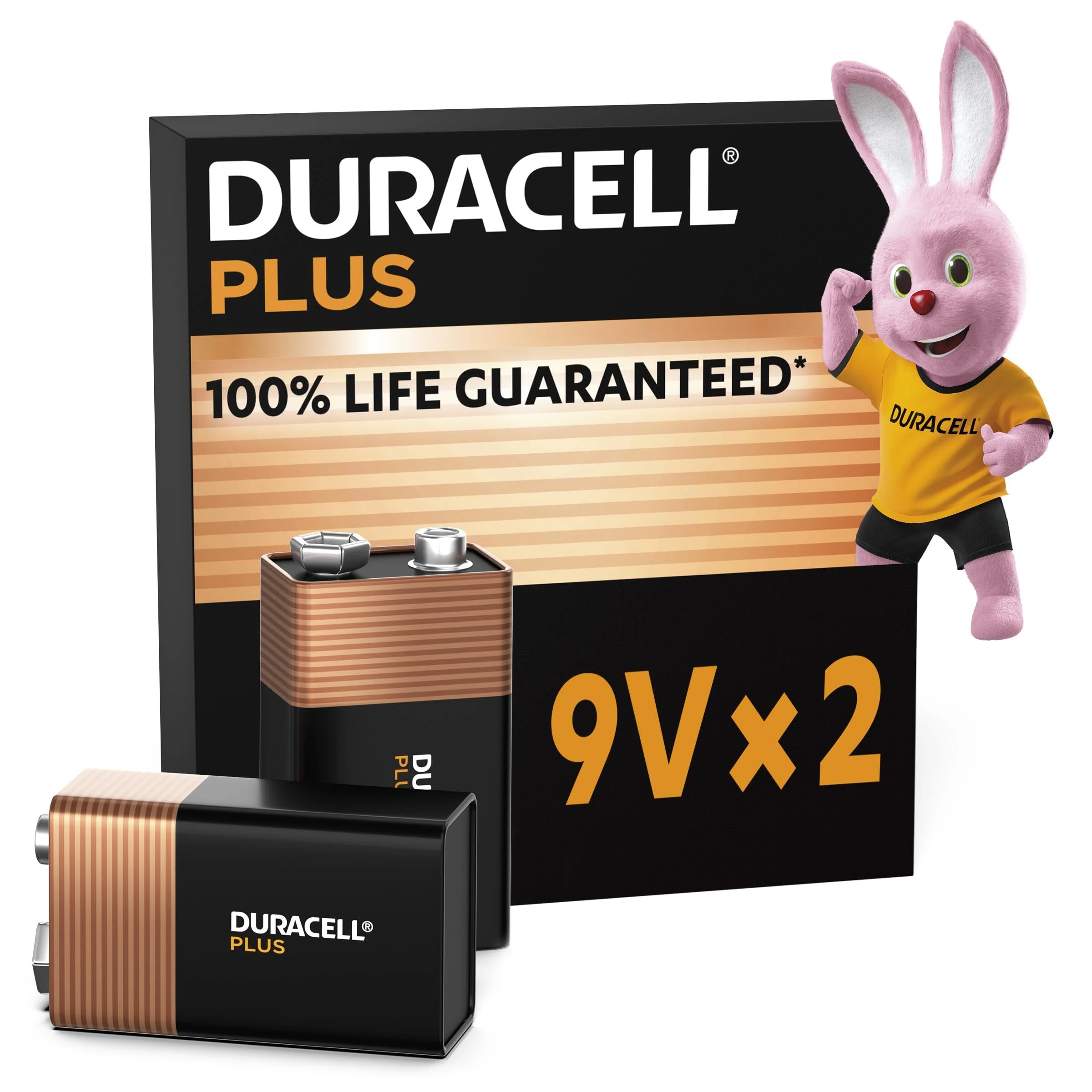Duracell Plus 9V Batteries (2 Pack) - Alkaline - 100% Life Guaranteed - Reliability For Everyday Devices - 0% Plastic Packaging - 5-Year Storage - 6LR61 MN1604