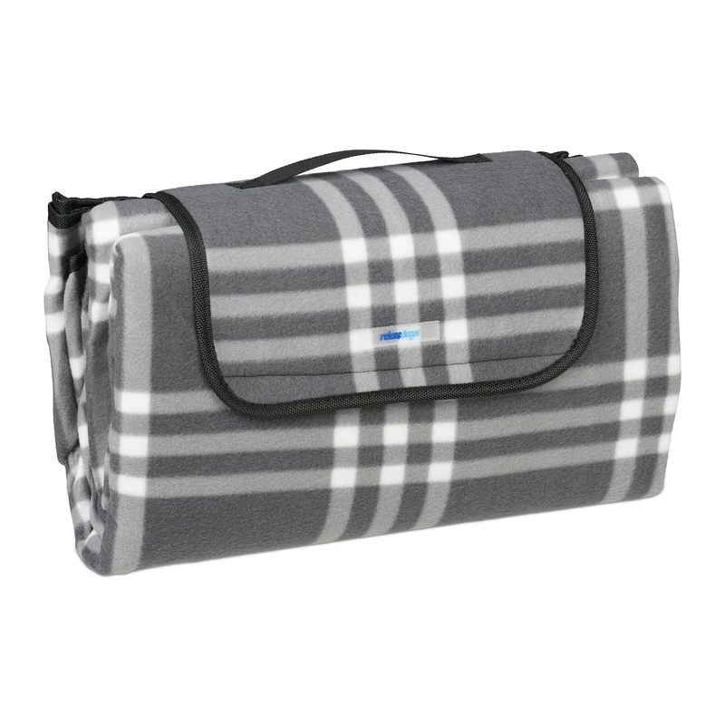 Relaxdays XXL picnic blanket, 200 x 200 cm, fleeced beach and camping mat, insulated & waterproof, portable, grey/white, Polyester, 0.2 x 200 x 200 cm