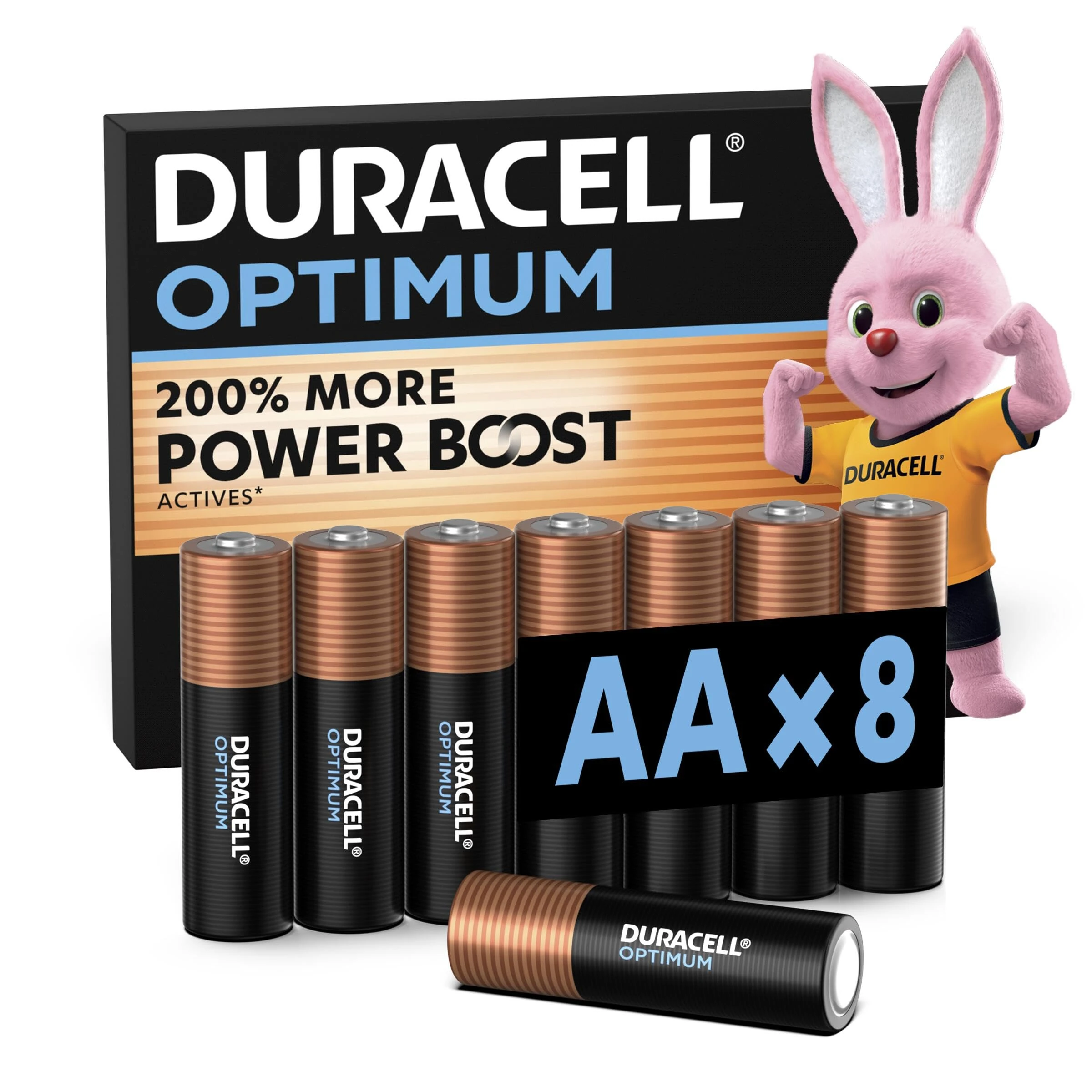 DURACELL Optimum AA Batteries (8 Pack) – Alkaline Batteries 1.5V – 200% More Power Boost Actives – Meets Demands Of Modern Devices – 100% Recyclable, 0% Plastic Packaging – MX1500