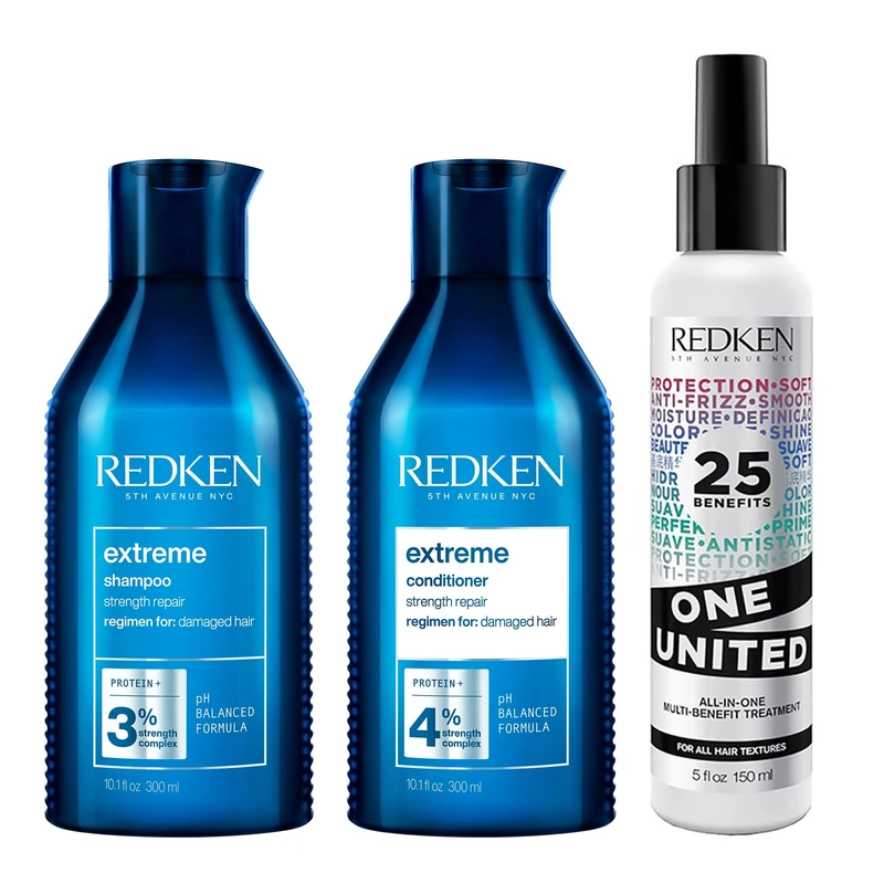 REDKEN Hair Softening Pamper Pack, Extreme Shampoo and Conditioner 300 ml with One United 25 Multi-Benefits Leave In Conditioner and Treatment Spray, 150 ml Trio Routine