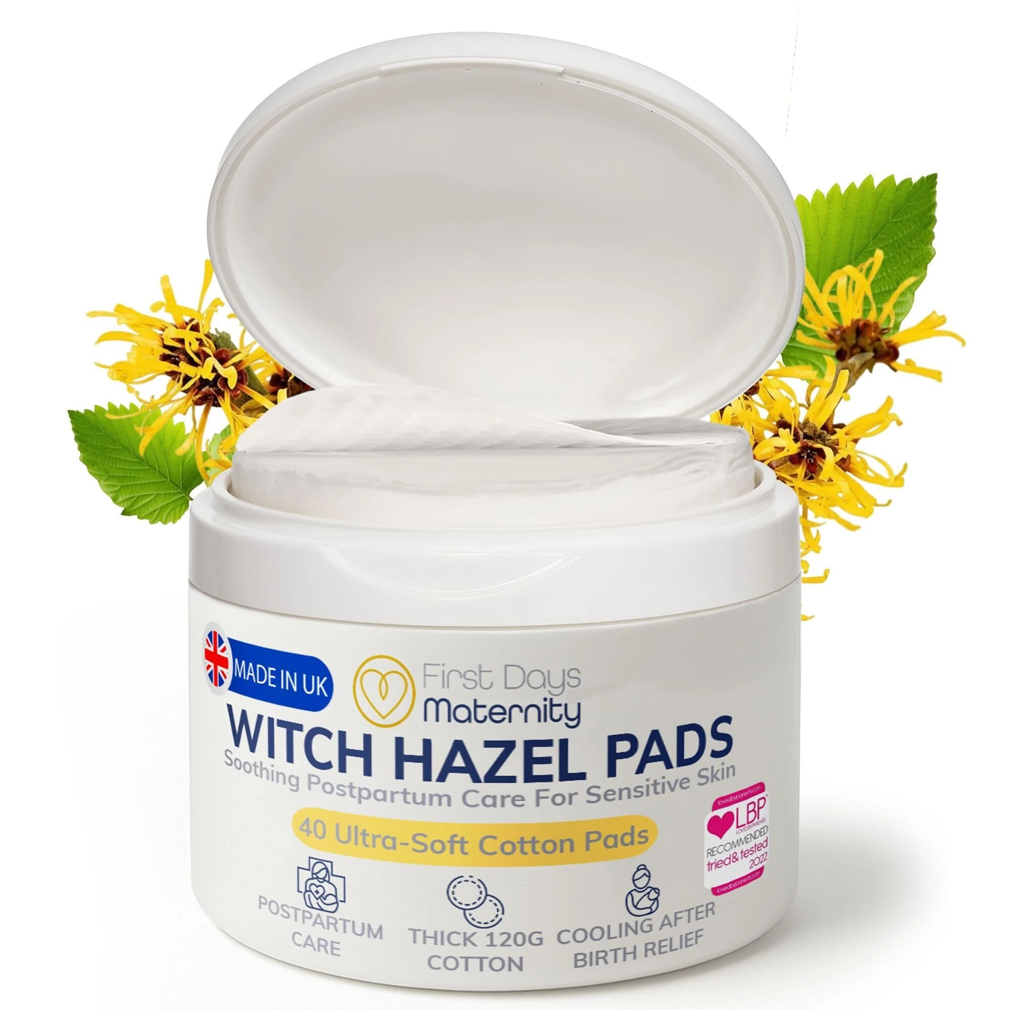 First Days Maternity Witch Hazel Pads - Round Postpartum Cotton Wipes - 8cm Diameter with 120gsm Thickness - Great After Birth Essentials for Mum (Pack of 1 Tub, 40 Pads)