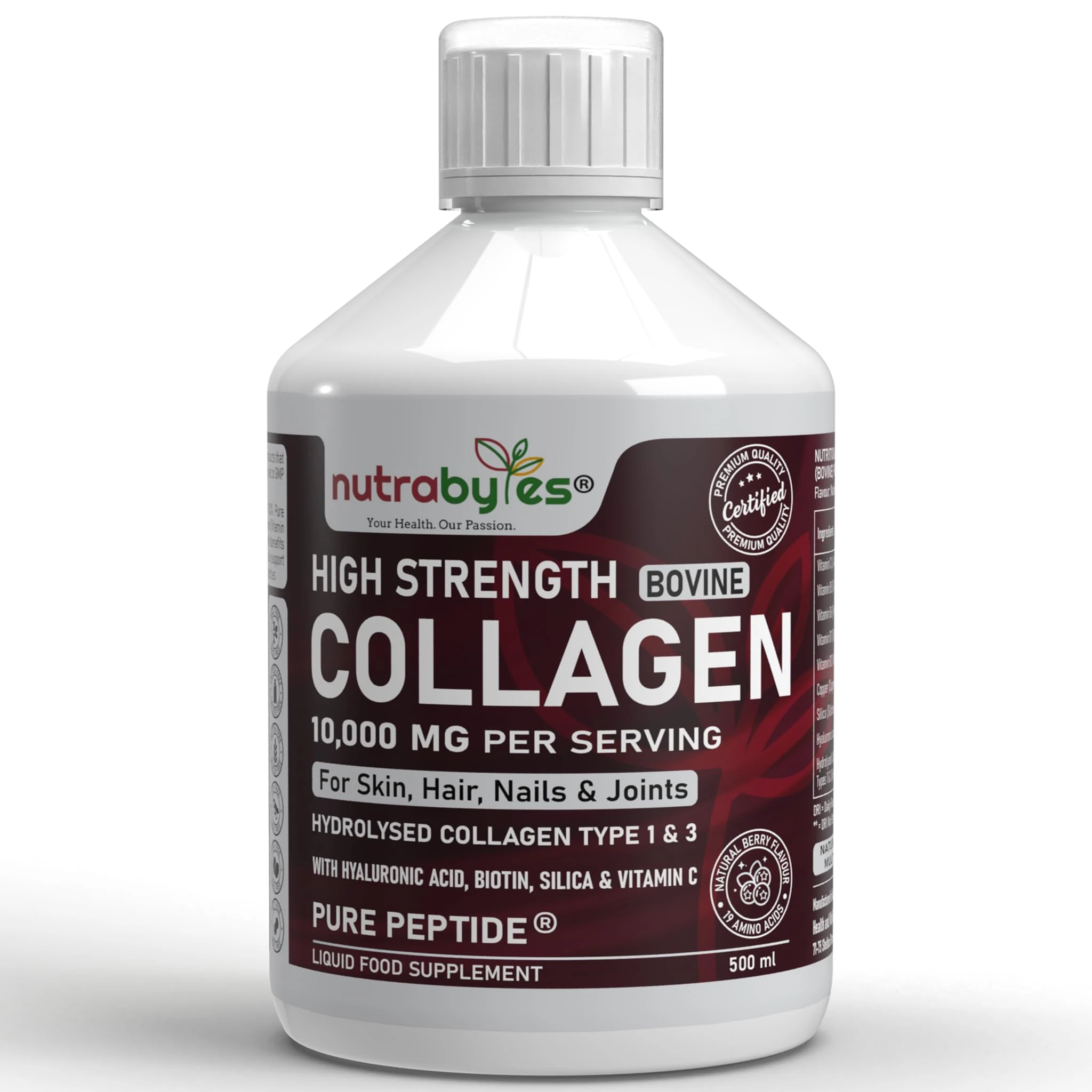 Collagen Liquid 10000mg, Hydrolysed Peptides - Hyaluronic Acid, Biotin, Silica, Vitamin C, Vitamin B12 - Healthy Skin, Hair, Nails, Joints, Muscles - Grass Fed Bovine - Liquid Collagen for Women & Men