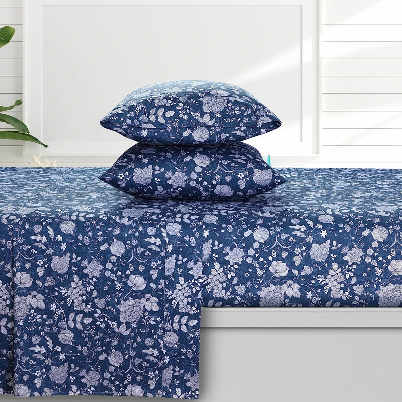 AZORES HOME Kate 300 Thread Count Organic Cotton Deep Pocket Sheet Set King, Dark Blue (KATEORGSHEKI)