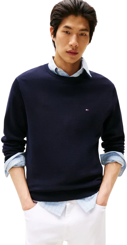 Tommy Hilfiger Men’s Essential Cotton Crew Neck Jumper, Blue (Desert Sky), L