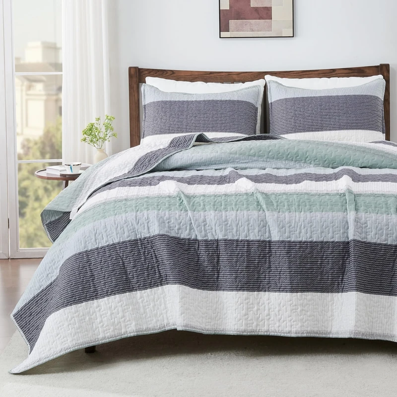 Andency Stripe Quilt Set King(106x96Inch), 3 Pieces (1 Striped Quilt and 2 Pillowcases) Mint Green Patchwork Bedspread Coverlet, Soft Lightweight Microfiber Quilted Bedding Set