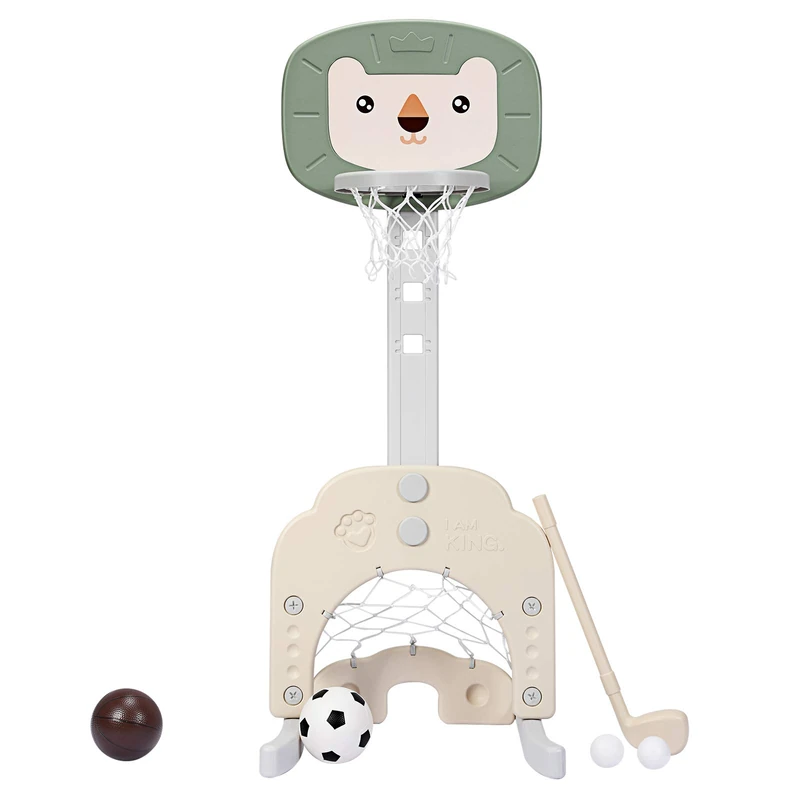 GYMAX 3-IN-1 Kids Basketball Stand, Basketball Hoop Set (Beige+Green)