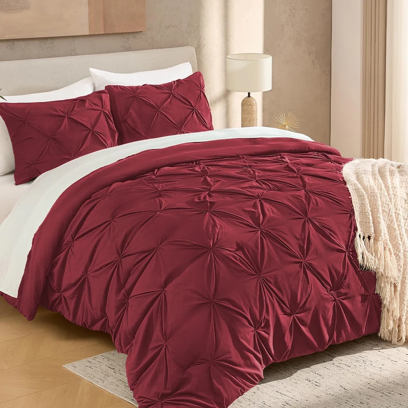 Andency Full Pinch Pleat Burgundy Comforter Set 3 Piece Bedding