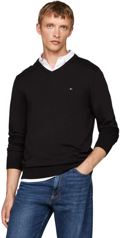 Tommy Hilfiger Men's V-Neck Essential Cotton Jumper - Black, M