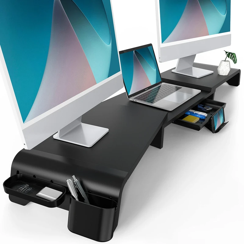 Fenge Dual Monitor Stand 119cm Large Computer Monitor Riser with Removable Slot Drawer, 3 Shelf Length and Angle Adjustable, Tablet Phone Holder, Desk Organizer, Black