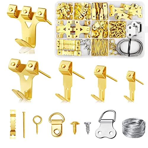 Picture Hooks Hanging Kit Heavy Duty Picture Frame Hangers with Wall Hooks, Nails, Hanging Strips, Sawtooth, D Rings, and Screws for Picture Frame Fixing
