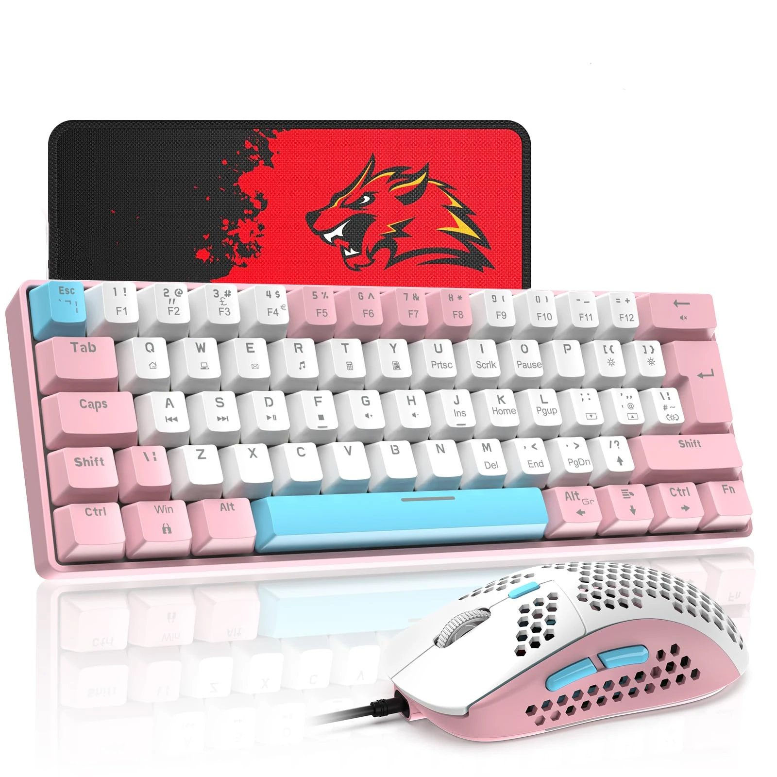 T60 UK Layout 60% Mechanical Keyboard and Mouse Set, Compact 62 Keys Mini Wired Gaming Keyboard 19 Rainbow Backlit + 6400DPI RGB Ultra-Light PC Gaming Mice + Mouse Pad For Laptop/MAC-Pink/Blue Switch