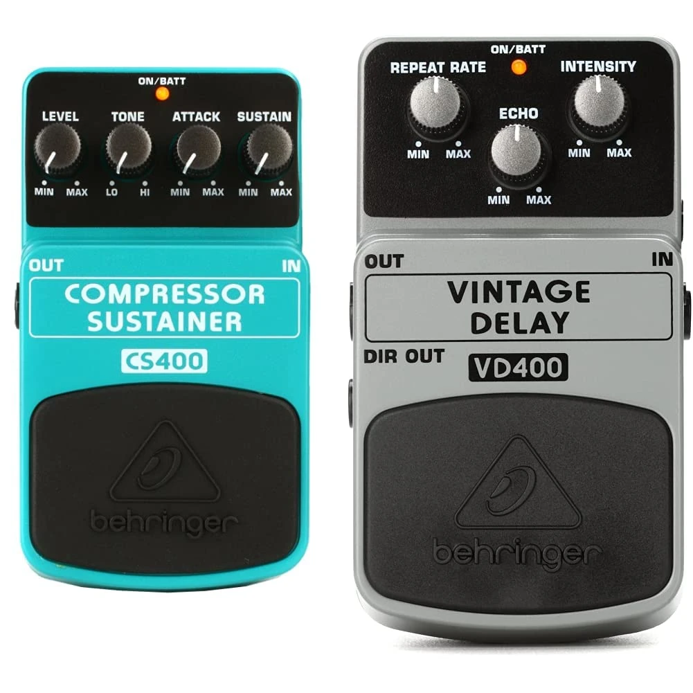 Behringer COMPRESSOR/SUSTAINER CS400 Ultimate Dynamics Effects Pedal,Green & VINTAGE DELAY VD400 Vintage Analog Delay Effects Pedal, White