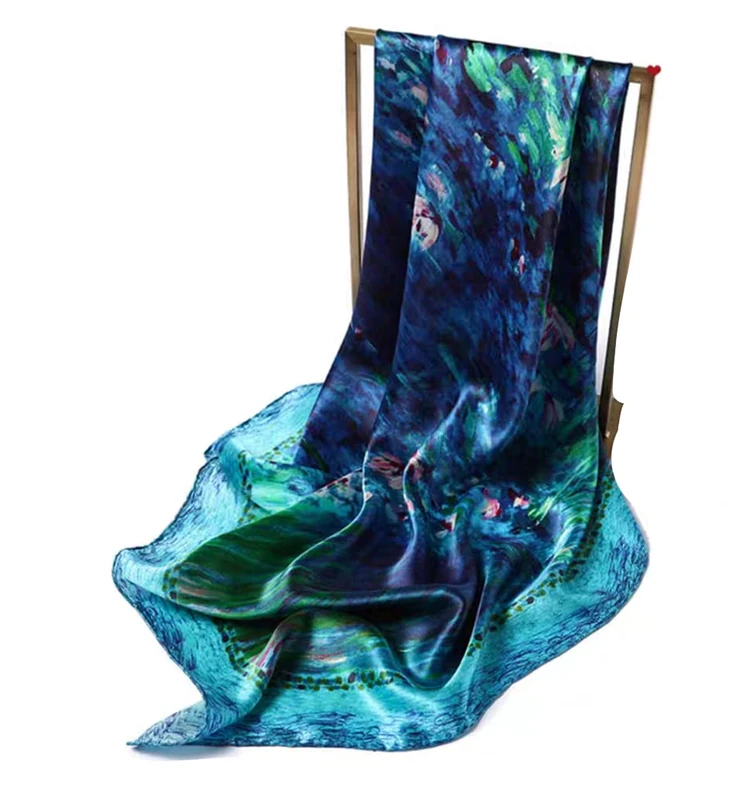 ANDANTINO 100% Pure Mulberry Silk Scarf 35" Large Square Lightweight Headscarf –Women’s Hair Wraps-With Gift Packed (Water Lily)