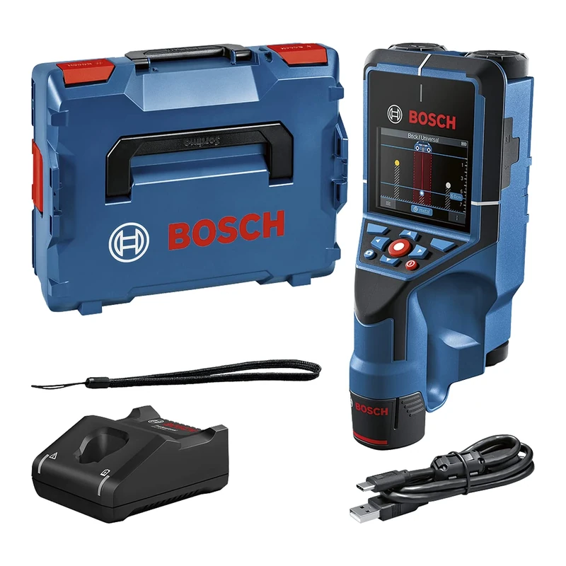 Bosch Professional 12V System Wall Scanner D-tect 200 C (12V battery, detection of (non-) live cables, metal, plastic pipes, wooden studs and cavities, USB-C™ Cable, L-BOXX)