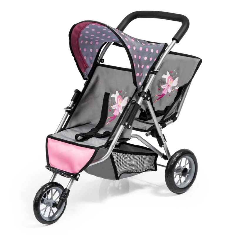 Twin Dolls pram DUO, Double Stroller, with three wheels, cannopy, security belt, fairy