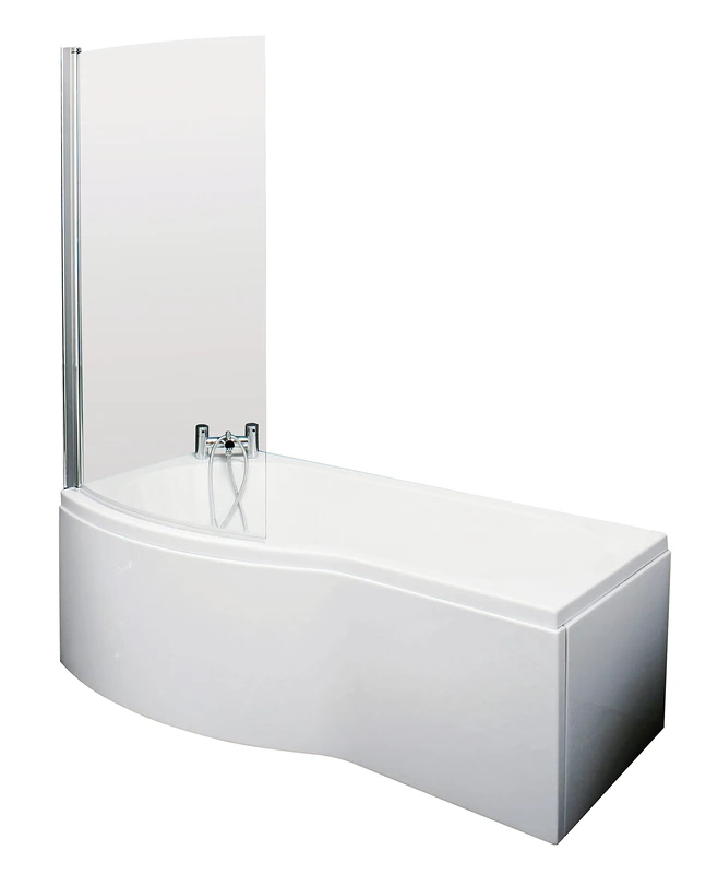 nuie SBATH07 ǀ Modern Bathroom B Shaped Left Hand Curved Bath, Screen and Panel, 1700mm x 900mm x 415mm, White