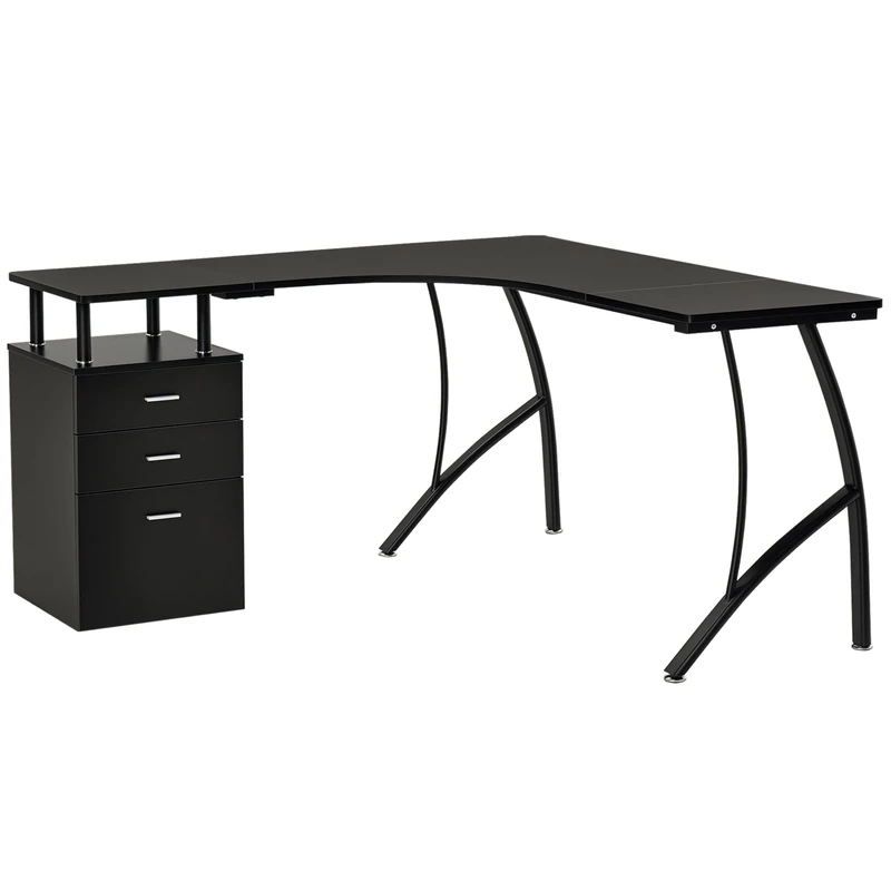 HOMCOM L-Shaped Computer Desk Table with Storage Drawer, Home Office Desk Corner Industrial Style Workstation for A4 Files 143.5 x 143.5 x 76cm, Black