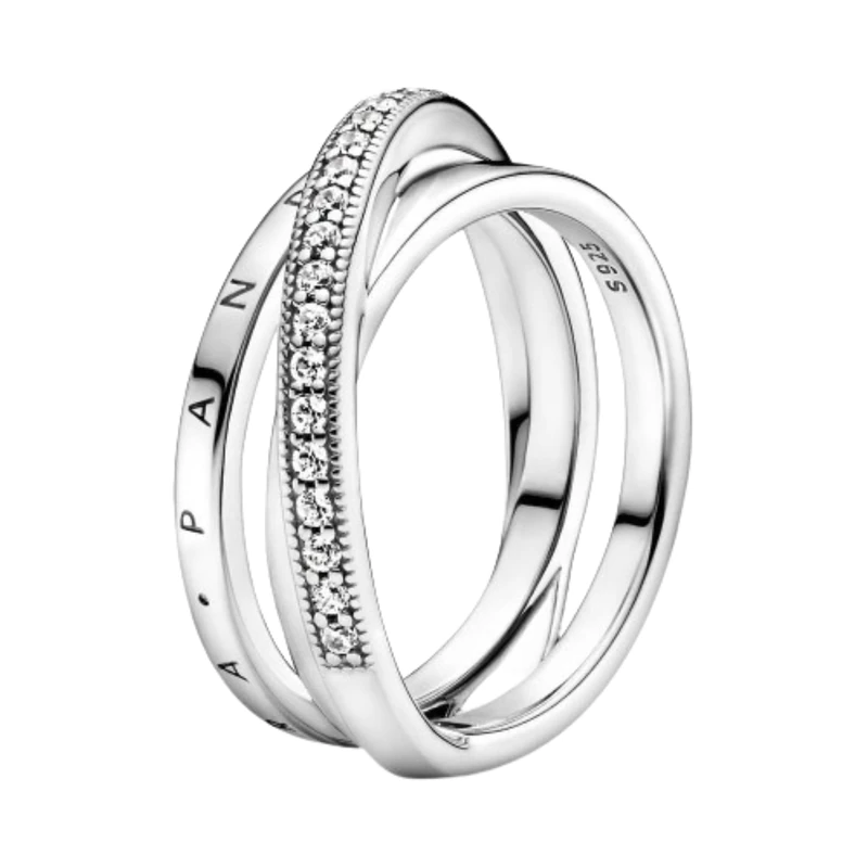 Pandora Signature Crossover Pavé Triple Band sterling silver ring with clear cubic zirconia, 58