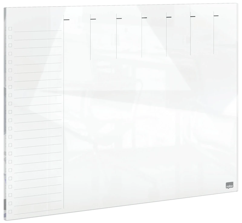 Nobo Glass Weekly Planner Magnetic Whiteboard, Dry Erase Surface, Frameless, Home/Office, 430 x 560 mm, Includes Marker Pen, White, 1915602