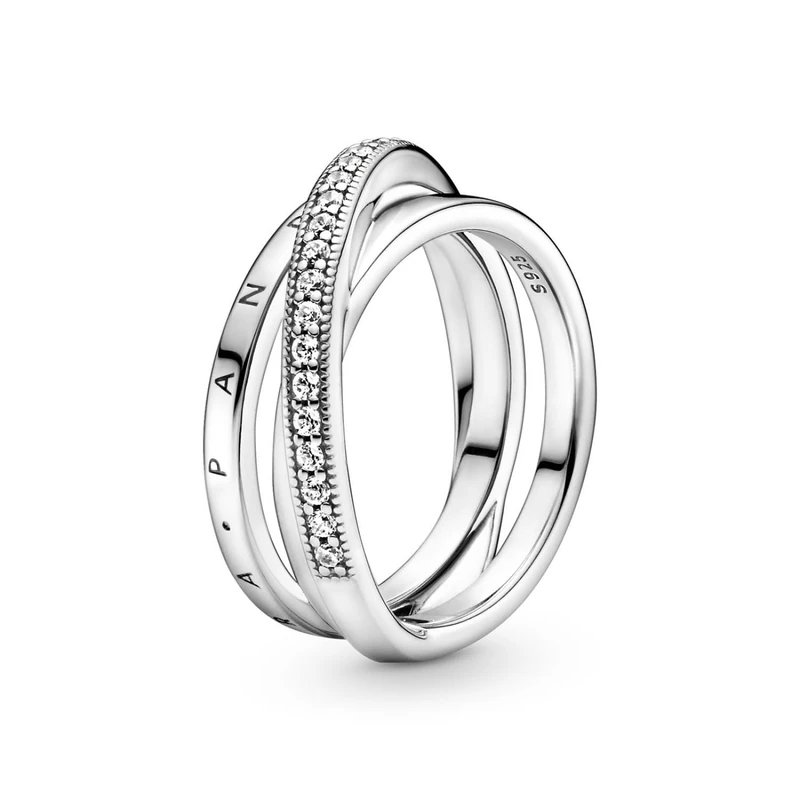 Pandora Signature Crossover Pavé Triple Band sterling silver ring with clear cubic zirconia, 52